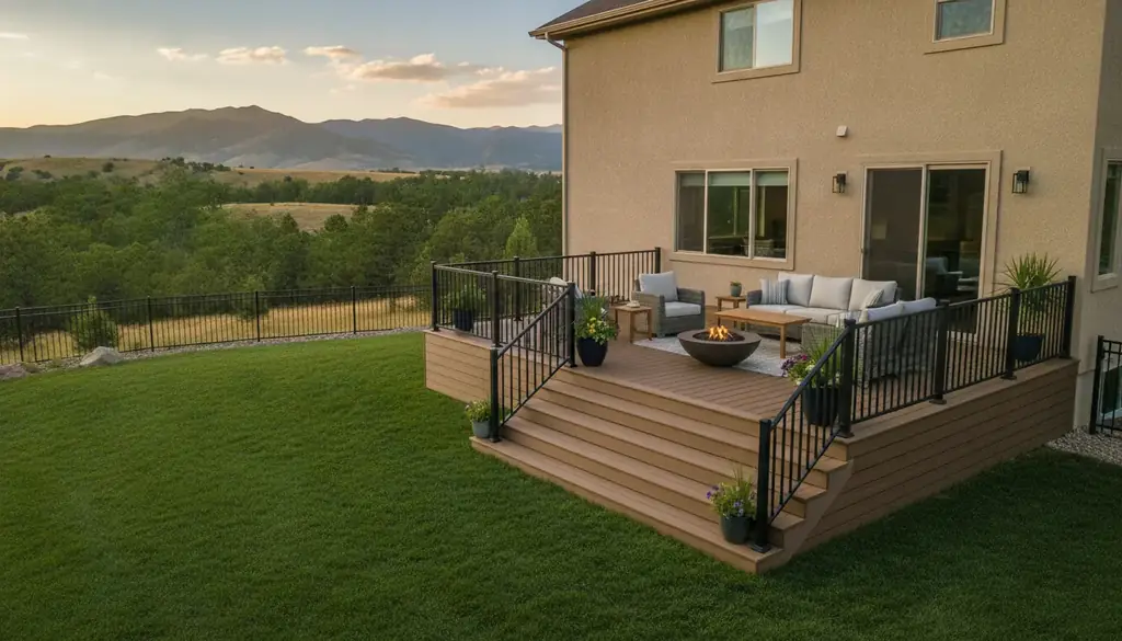 New composite deck with metal railings behind a suburban home, mountains in the distance
