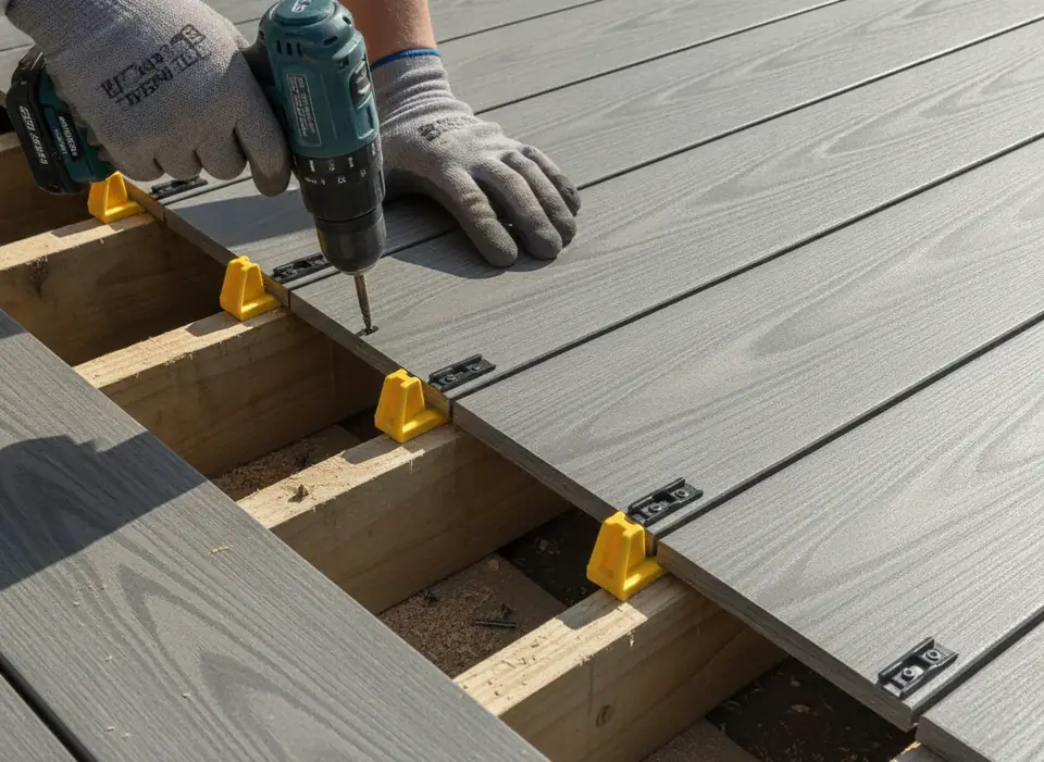 Composite deck boards being fastened to joists