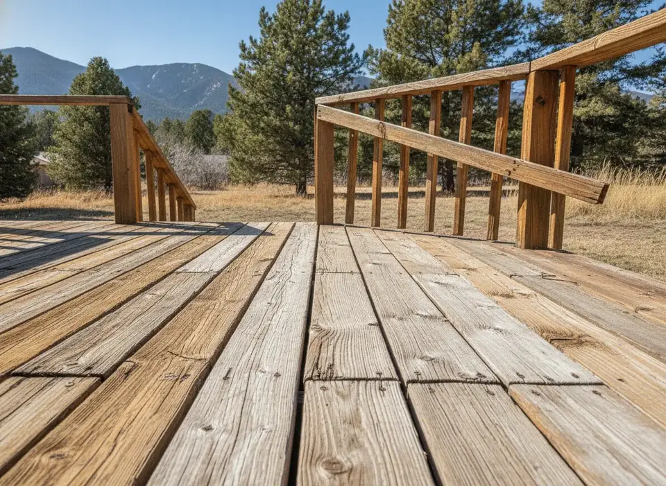 Weathered wood deck with cracked boards and a loose railing