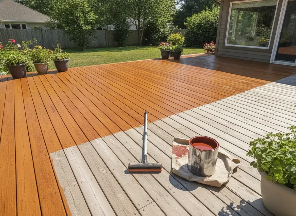 Wood deck being stained, half finished